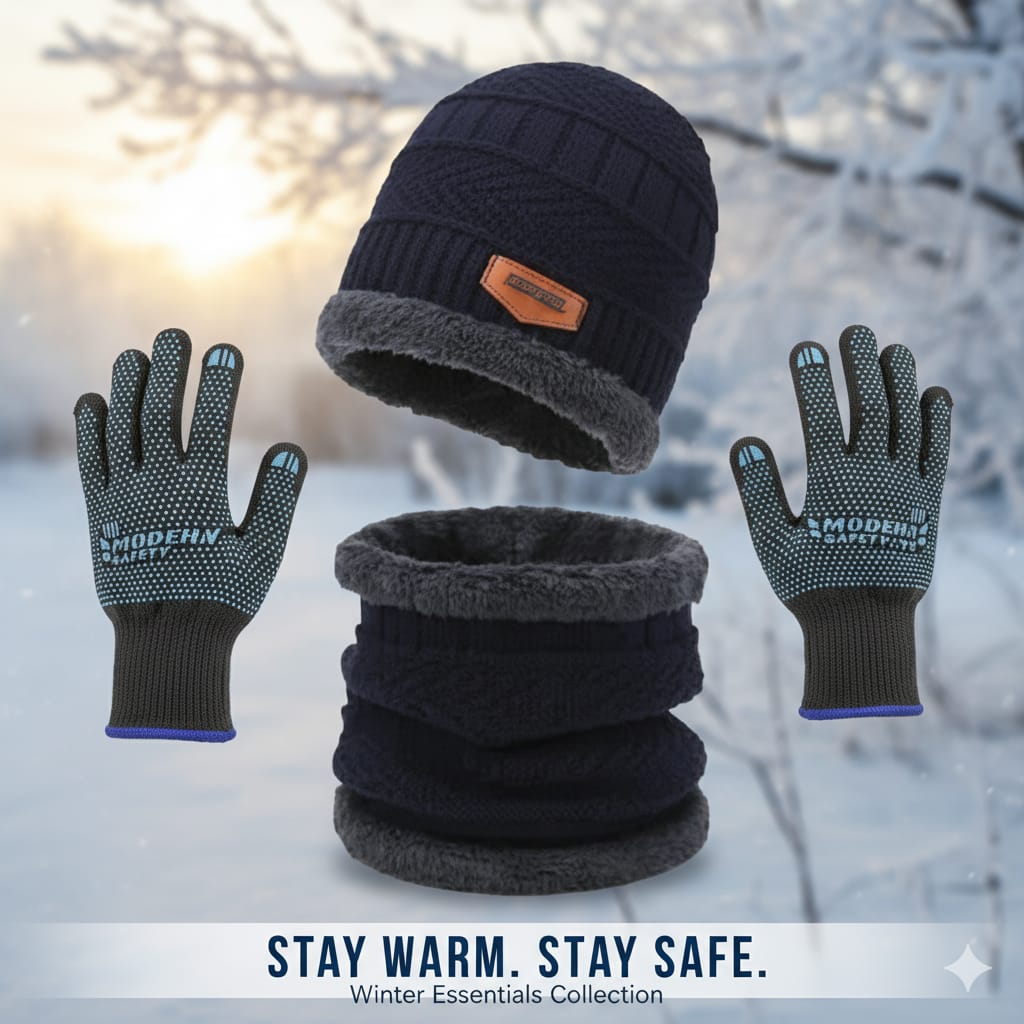Men & Women Winter Head Cap, Hand Gloves and High Neck (3 in 1 Pack)
